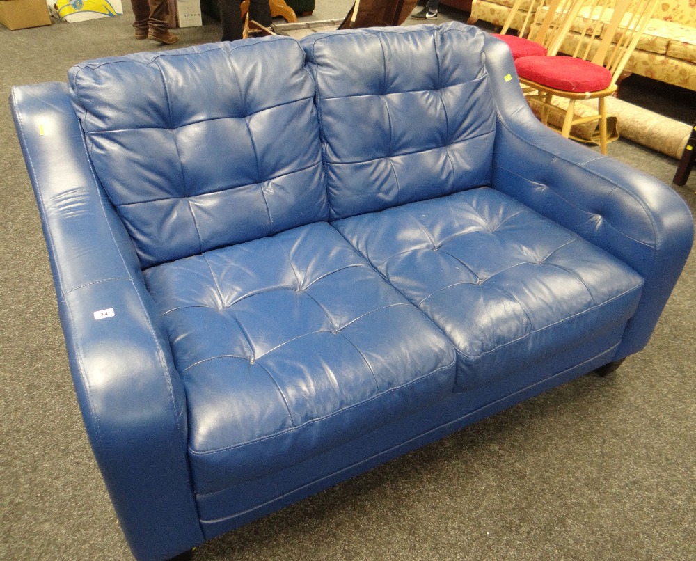 RETRO STYLE BLUE LEATHER TWO SEATER SETTEE