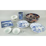 ASSORTED CERAMICS to include blue and white cylindrical tankard with oriental design, lozenge shaped