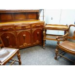 VINTAGE CARVED DINING SUITE OF TEA TROLLEY, DINING TABLE AND CHAIRS AND SIDEBOARD, the table of draw