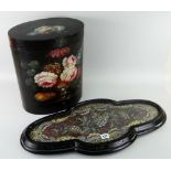 VICTORIAN STAINED WOODEN BEAD WORK STAND & LAQUER-WORK COVERED BOX the stand raised on four bun type