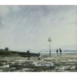 GARETH THOMAS watercolour - coastal scene with two figures and signpost, signed, 12 x 13.5cms