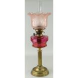 ANTIQUE CORINTHIAN COLUMN BRASS BASED OIL LAMP, cranberry glass reservoir, pink tinted etched
