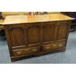 GOOD 19TH CENTURY OAK BLANKET CHEST of large form, two base drawers, four carved fielded panels to