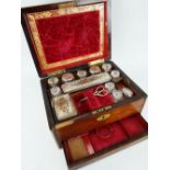 19TH CENTURY MAHOGANY BRASS BOUND LADIES VANITY BOX, the fitted interior including silver plated