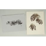 TWO SIR KYFFIN WILLIAMS RA Christmas card prints - three studies of badgers and another of working