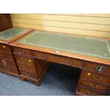 REPRODUCTION PEDESTAL DESK with tooled green leather work top