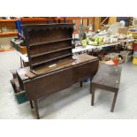 LONG ANTIQUE DROP LEAF TABLE / 19TH CENTURY MINIATURE WELSH DRESSER RACK and an antique table, 77cms