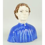 BRETON EARTHENWARE GLAZED BUST OF A MONK in blue cassock, bears cockerel mark to hollow interior,