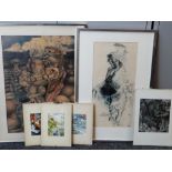 SKARLET collection of six framed illustrations - surreal figurative, each signed, various sizes