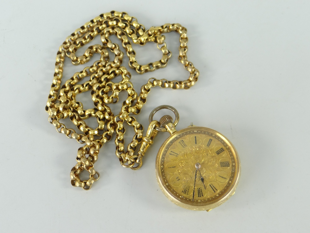 14K YELLOW GOLD FOLIATE ENGRAVED FANCY FOB WATCH on gold plated chain in box - Image 2 of 3