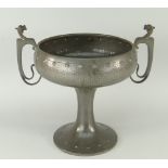 ARTS & CRAFTS HAMMERED PEWTER TAZZA with twin Griffin handles, the base impressed 'Homeland W &