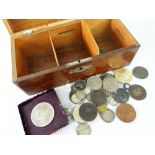 VINTAGE TREEN MONEY BOX & ASSORTED COINAGE CONTENTS some early coins noted, boxed Festival of