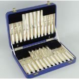 CASED SET OF 24 SILVER & MOTHER-OF-PEARL TEA-KNIVES & FORKS in unused immaculate condition and