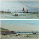 A CLARENCE watercolours, a pair - coastal scenes with sailing ships, 12.5 x 25cms