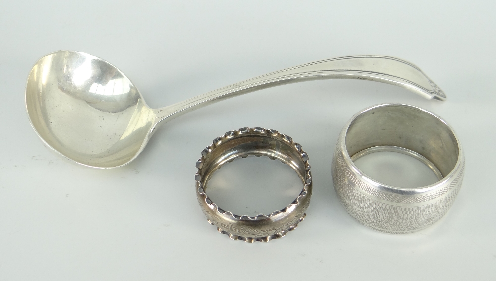 ENGLISH HALLMARKED SILVER LADLE & TWO SILVER NAPKIN RINGS, 3.4ozs