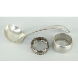 ENGLISH HALLMARKED SILVER LADLE & TWO SILVER NAPKIN RINGS, 3.4ozs