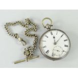 SILVER POCKET WATCH enamel dial with Roman numeral chapter ring together with T-bar pocket watch