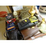 MIXED COLLECTABLES including brass desk tidy, cameras, believed Rolls Royce Spirit of Ecstacy car