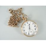 9CT GOLD BENSON POCKET WATCH together with a graduated pocket watch chain with T-bar and drop, 124.