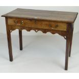 ANTIQUE OAK SIDE TABLE with single drawer, brass handles, carved arches to frieze, 95cms wide