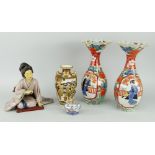 PAIR OF IMARI BALUSTER VASES WITH WIDE CRIMPED NECKS, typically decorated, 24cms high, together with