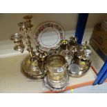 ASSORTED EPNS including candelabra, wine bucket, salvers, teaware, Royal Worcester cake plate and