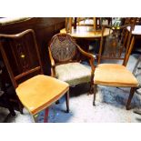 PAIR OF EDWARDIAN CUSHION SEATED BEDROOM CHAIRS & SIMILAR PERIOD CANE ARM CHAIR