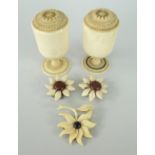 ANTIQUE IVORY comprising pair of pepperettes and three flower brooches