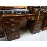 VINTAGE KNEEHOLE DESK, bank of nine drawers, 138cms wide x 84cms high x 59cms deep