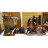 TRIBAL ART including wooden figural carvings, carved animals, bead work, animal skin drum ETC