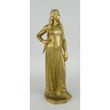 GILT BRONZE FIGURINE, possibly Pocahontas with long platted hair and side dagger, signed C H.