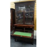 19TH CENTURY MAHOGANY SECRETAIRE BOOKCASE, the base of two drawers and drop down writing desk