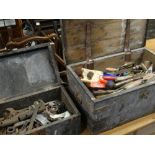 TWO VINTAGE WOODEN TOOL BOXES & CONTENTS
