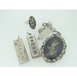 SILVER JEWELLERY to include two silver ingot pendants, Siam silver pendant, silver ID bracelet and