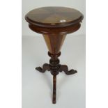 CIRCULAR MARQUETRY TOP SEWING / WORK TABLE on turned tripod supports, lid hinging to reveal a