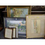 ASSORTED WATERCOLOURS, prints and vintage agricultural adverts, maritime oil on canvas