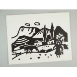 SIR KYFFIN WILLIAMS RA Christmas card linocut print - landscape with mule and figure, inside '