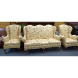 REPRODUCTION FLORAL UPHOLSTERED THREE PIECE SUITE comprising serpentine three seater settee and pair
