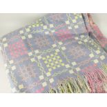 TRADITIONAL WELSH WOOLEN BLANKET, baby-blue ground, multi-coloured geometric decoration and