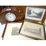 PRESENTATION MAHOGANY & INLAID MANTLE CLOCK, together with three framed coloured etchings and