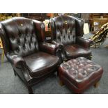 PAIR OF STUDDED RED LEATHER CLUB STYLE ARM CHAIRS & MATCHING FOOT STOOL