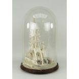MEIJI PERIOD JAPANESE IVORY MODEL OF A PAGODA BUILDING under a glass dome on wooden base with
