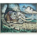 PATRICK WOODROFFE limited edition (14/50) coloured etching - surreal fantasy elephant entitled '