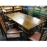 REFECTORY TABLE WITH SET OF 4+2 LADDER BACK CHAIRS having studded brown leather seats, comprising