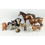ASSORTED CERAMIC DOMESTIC ANIMAL SCULPTURES including two standing Beswick brown horses, Sylvac