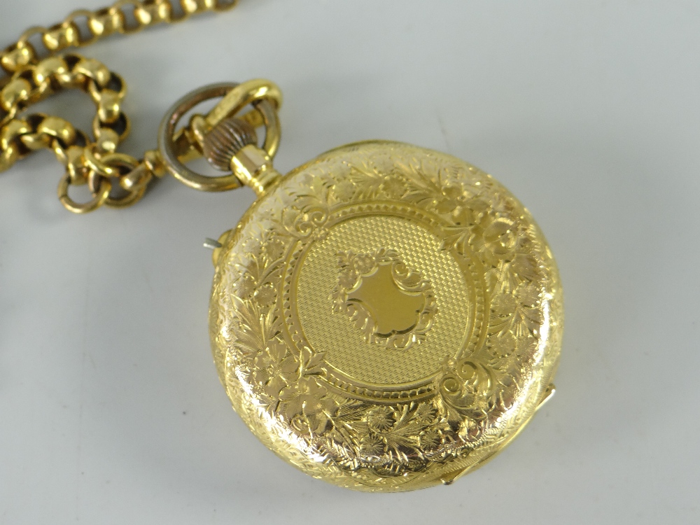 14K YELLOW GOLD FOLIATE ENGRAVED FANCY FOB WATCH on gold plated chain in box - Image 3 of 3