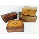FOUR LATE 19TH CENTURY BOXES to include two tea caddies with fitted interiors, together with writing