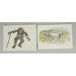 TWO SIR KYFFIN WILLIAMS RA Christmas card prints - farmer with stick and mountain ponies, both