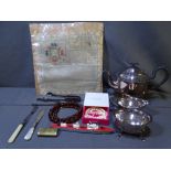 MIXED COLLECTABLES - electroplate tea service, amber type jewellery, sweetheart WWI handkerchief