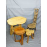 CARVED SPINNER'S CHAIR, two tier lightwood table and one other with a clover leaf walnut stool,